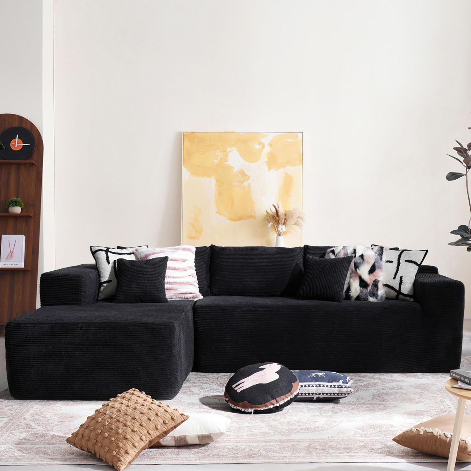 104" Cloud Sectional Couch with Comfy Chaise, Boneless L Shape Sofa with Deep Seat, Minimalist Modular Couches Sleeper for Living Room Bedroom Apartment Lounge,Black - Grand Goldman