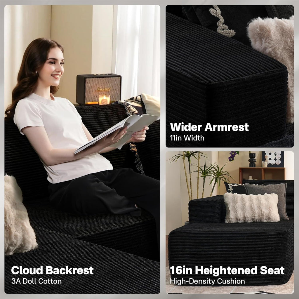 104" Cloudy Sectional L Shaped Couch for Living Room, No Assembly Required, Modular Comfy Sofa with Deep Seat, Fluffy Couch with Sleeper Chaise for Apartment Lounge (Black) - Grand Goldman