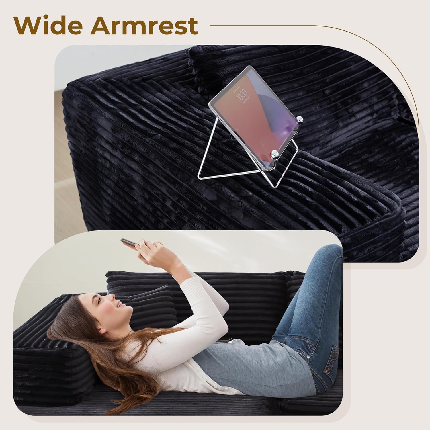 104" L-Shape Modular Sectional Sofa Couch - Comfy Upholstered Cloud Couch for Living Room - Modern Minimalist Couch,Deep Seat,No Assembly Required (Black,Plush Corduroy, Left Facing Chaise) - Grand Goldman