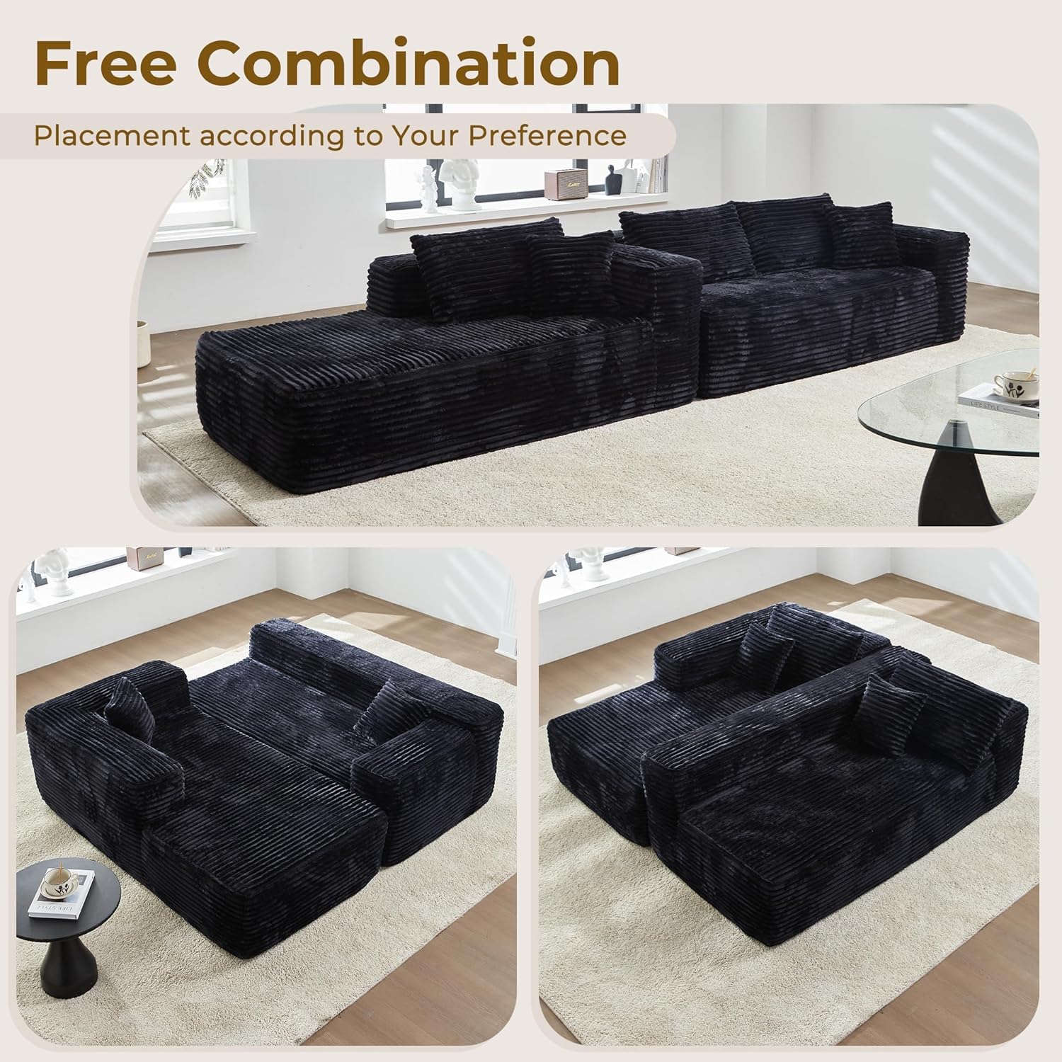 104" L-Shape Modular Sectional Sofa Couch - Comfy Upholstered Cloud Couch for Living Room - Modern Minimalist Couch,Deep Seat,No Assembly Required (Black,Plush Corduroy, Left Facing Chaise) - Grand Goldman