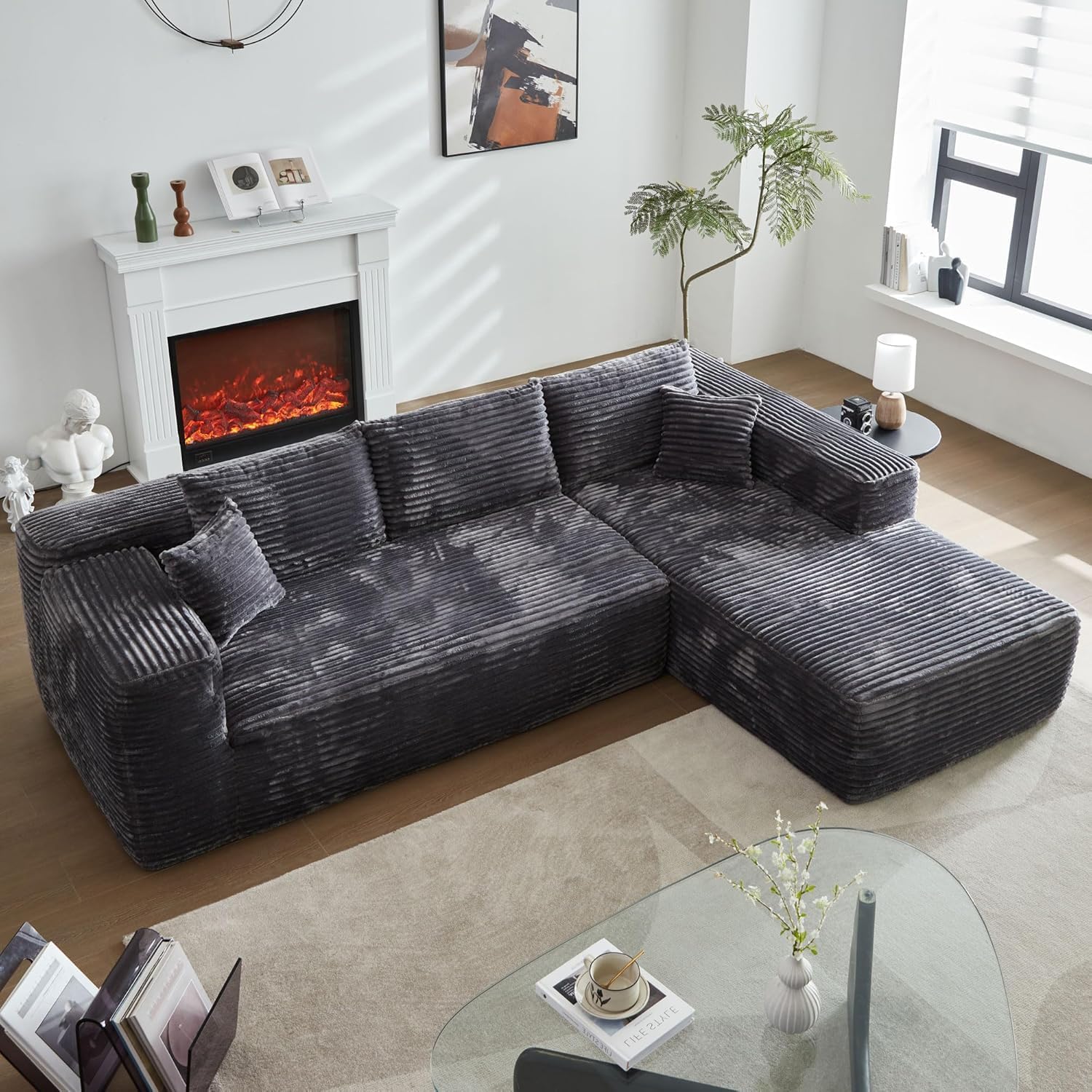 104" L-Shape Modular Sectional Sofa Couch - Comfy Upholstered Cloud Couch for Living Room - Modern Minimalist Couch,Deep Seat,No Assembly Required (Black,Plush Corduroy, Left Facing Chaise) - Grand Goldman