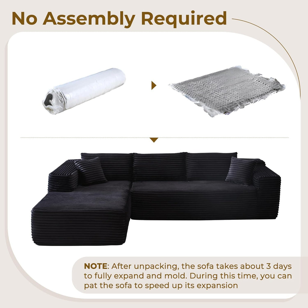 104" L-Shape Modular Sectional Sofa Couch - Comfy Upholstered Cloud Couch for Living Room - Modern Minimalist Couch,Deep Seat,No Assembly Required (Black,Plush Corduroy, Left Facing Chaise) - Grand Goldman