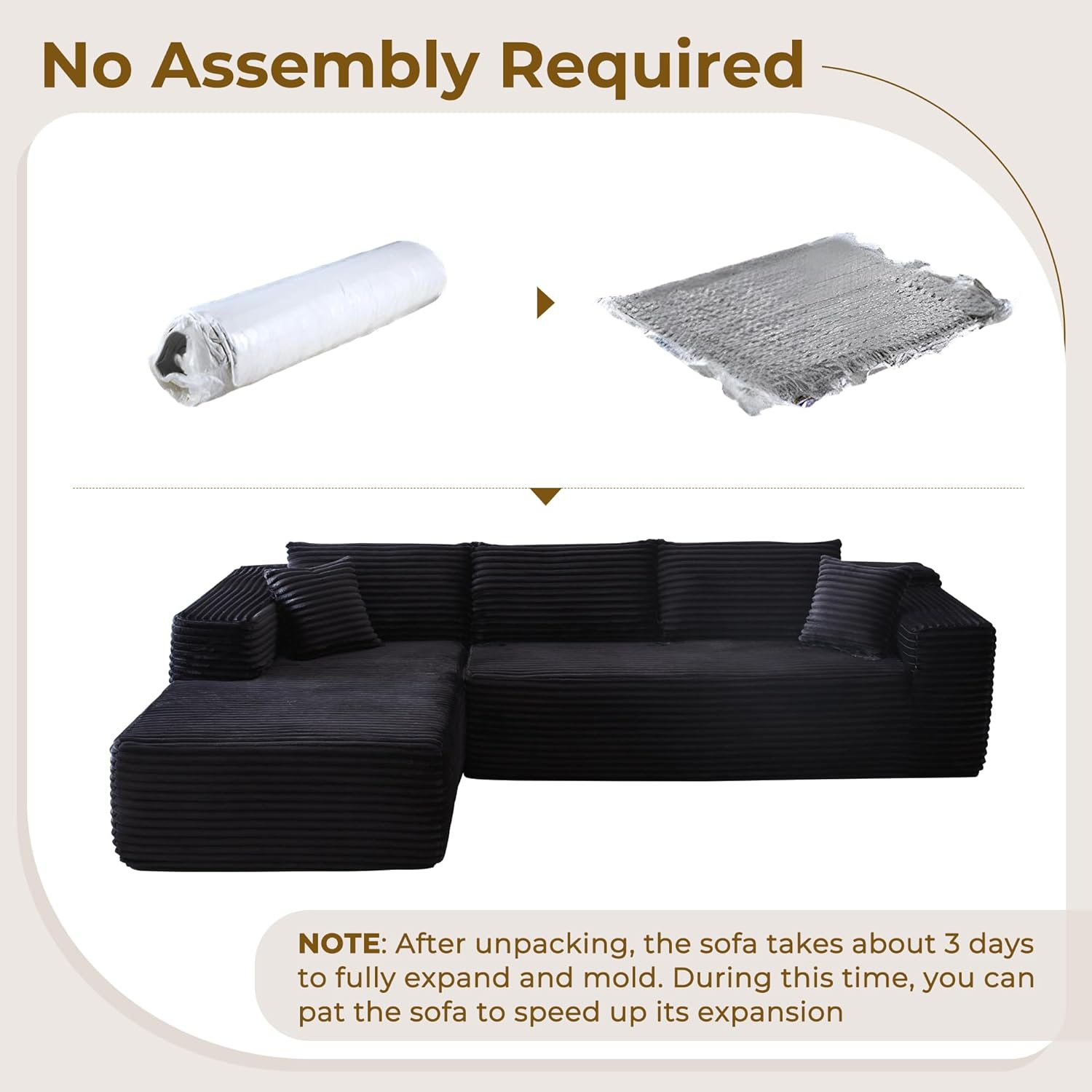 104" L-Shape Modular Sectional Sofa Couch - Comfy Upholstered Cloud Couch for Living Room - Modern Minimalist Couch,Deep Seat,No Assembly Required (Black,Plush Corduroy, Left Facing Chaise) - Grand Goldman