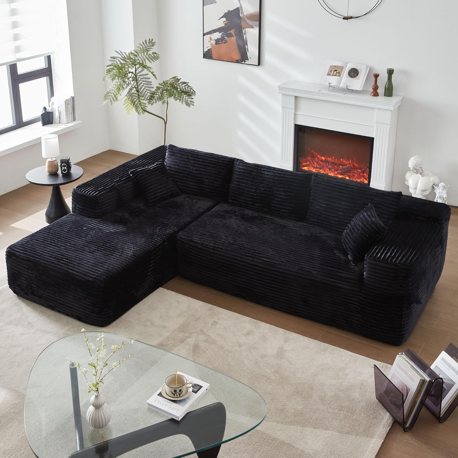 104" L-Shape Modular Sectional Sofa Couch - Comfy Upholstered Cloud Couch for Living Room - Modern Minimalist Couch,Deep Seat,No Assembly Required (Black,Plush Corduroy, Left Facing Chaise) - Grand Goldman