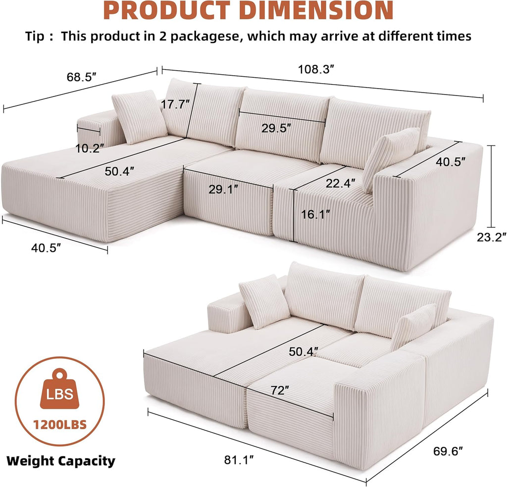 108” Modular Sectional Sofa, Cloud Sectional Couch with Deep Seat, Modern Modular L-Shape Sofa Couch with Chaise,Upholstered Couches for Living Room Bedroom (Corduroy, Beige) - Grand Goldman
