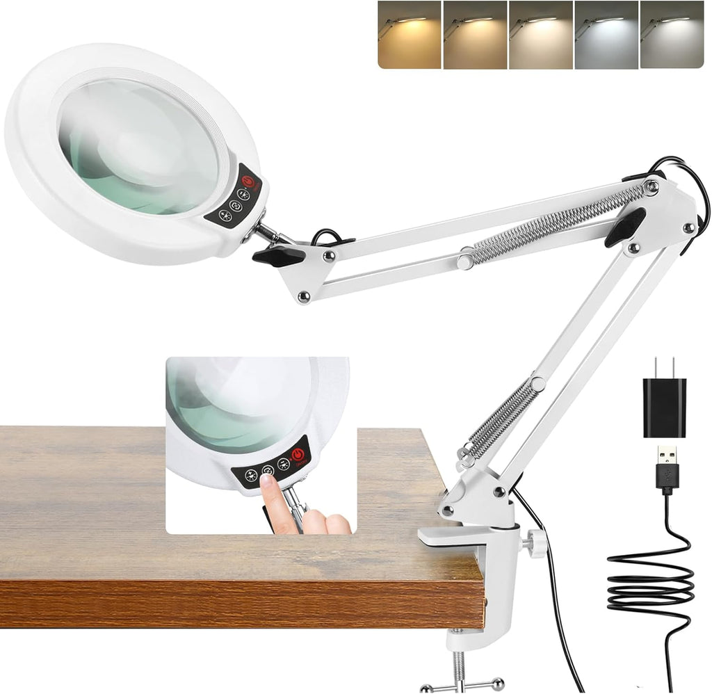 10X Magnifying Glass with Light and Clamp, Real Glass Stand Lighted Magnifier, 5 Color Modes Stepless Dimmable LED Desk Lamp Hands Free for Crafts Hobby Reading Painting Sewing Close Work - Grand Goldman