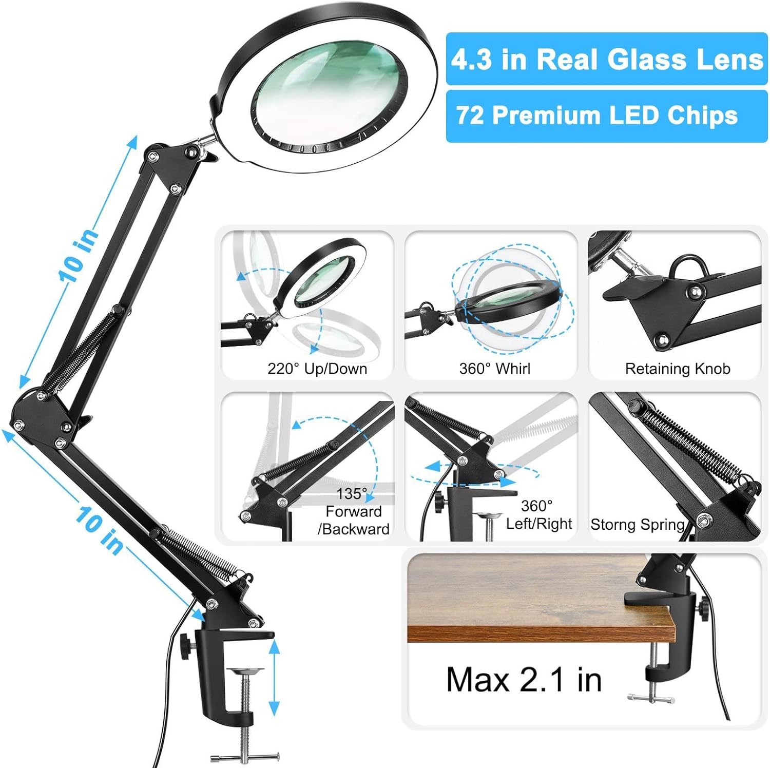 10X Magnifying Glass with Light and Clamp, Real Glass Stand Lighted Magnifier, 5 Color Modes Stepless Dimmable LED Desk Lamp Hands Free for Crafts Hobby Reading Painting Sewing Close Work - Grand Goldman