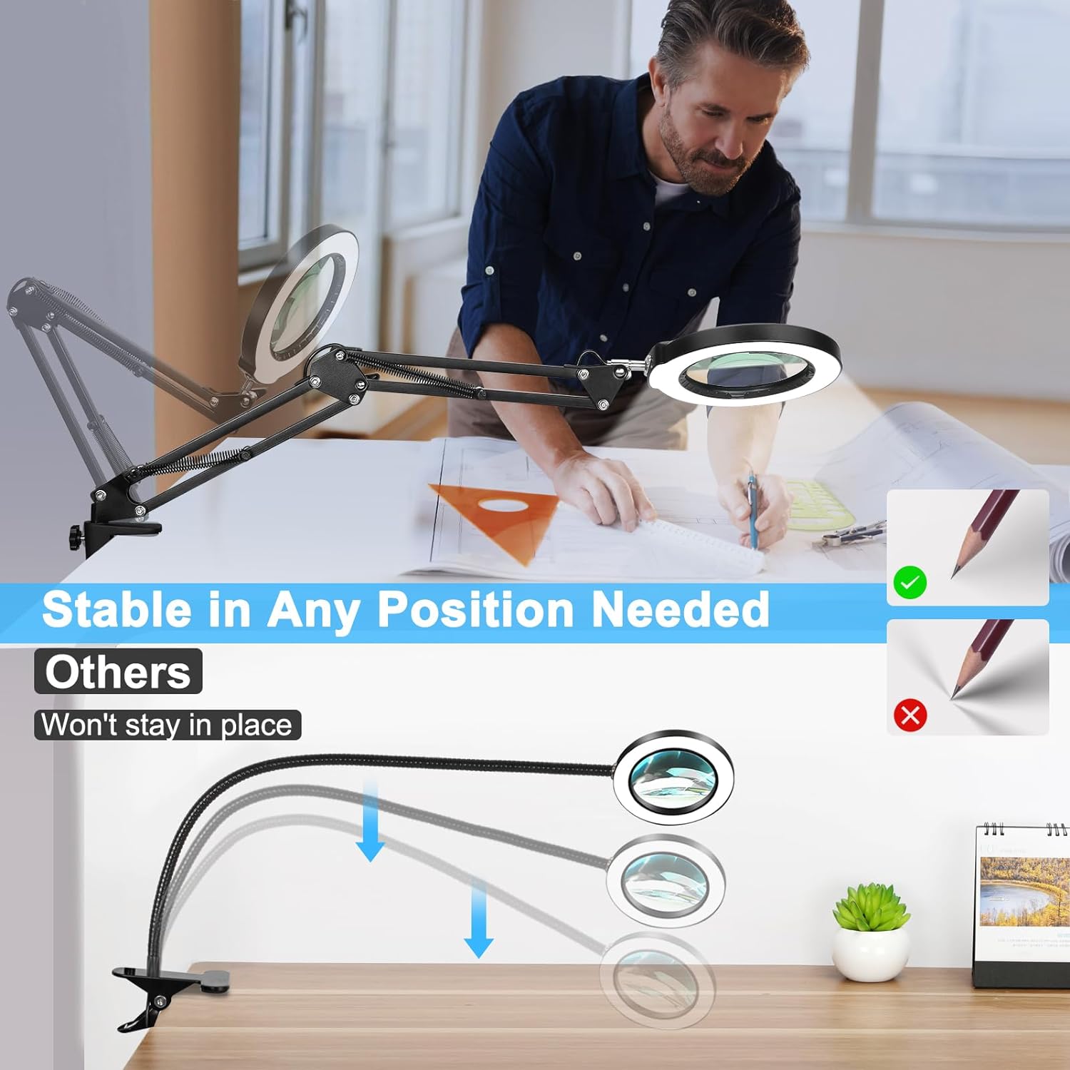 10X Magnifying Glass with Light and Clamp, Real Glass Stand Lighted Magnifier, 5 Color Modes Stepless Dimmable LED Desk Lamp Hands Free for Crafts Hobby Reading Painting Sewing Close Work - Grand Goldman