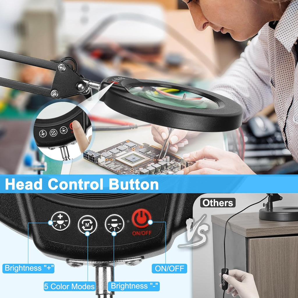 10X Magnifying Glass with Light and Clamp, Real Glass Stand Lighted Magnifier, 5 Color Modes Stepless Dimmable LED Desk Lamp Hands Free for Crafts Hobby Reading Painting Sewing Close Work - Grand Goldman