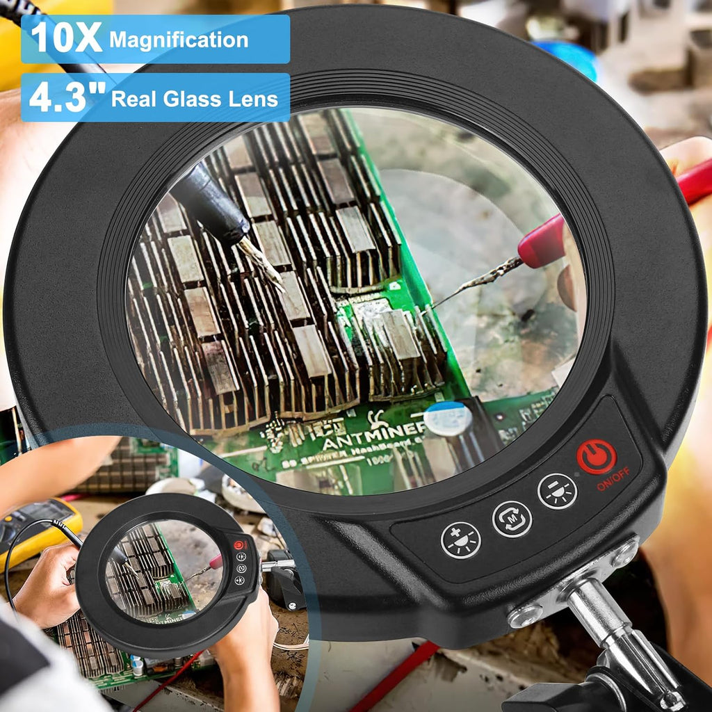 10X Magnifying Glass with Light and Clamp, Real Glass Stand Lighted Magnifier, 5 Color Modes Stepless Dimmable LED Desk Lamp Hands Free for Crafts Hobby Reading Painting Sewing Close Work - Grand Goldman