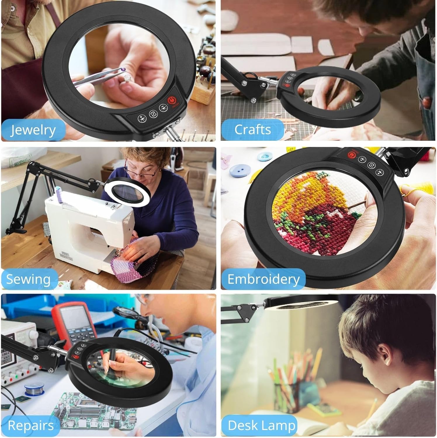 10X Magnifying Glass with Light and Clamp, Real Glass Stand Lighted Magnifier, 5 Color Modes Stepless Dimmable LED Desk Lamp Hands Free for Crafts Hobby Reading Painting Sewing Close Work - Grand Goldman