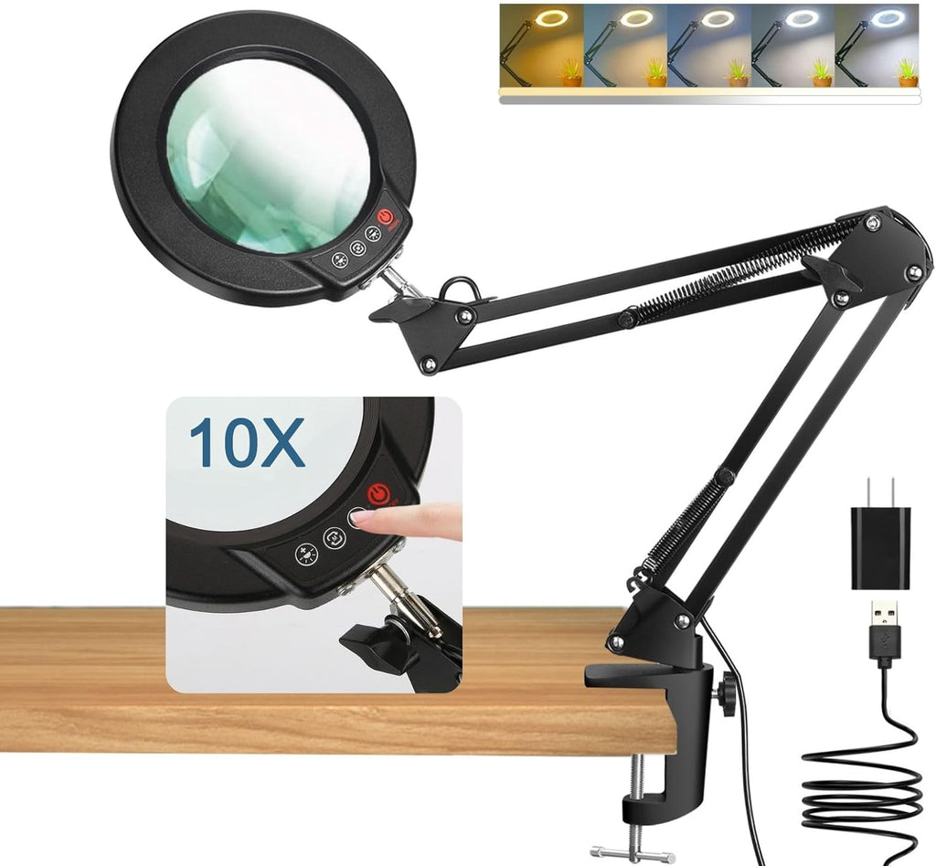 10X Magnifying Glass with Light and Clamp, Real Glass Stand Lighted Magnifier, 5 Color Modes Stepless Dimmable LED Desk Lamp Hands Free for Crafts Hobby Reading Painting Sewing Close Work - Grand Goldman