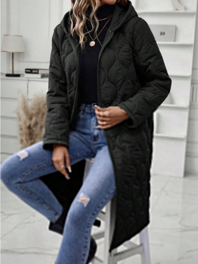 Ladies' Solid-Colored Zipper Fly Hooded Padded Coat
