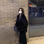 Black Faux Fox Fur Plush Green Fur Coat