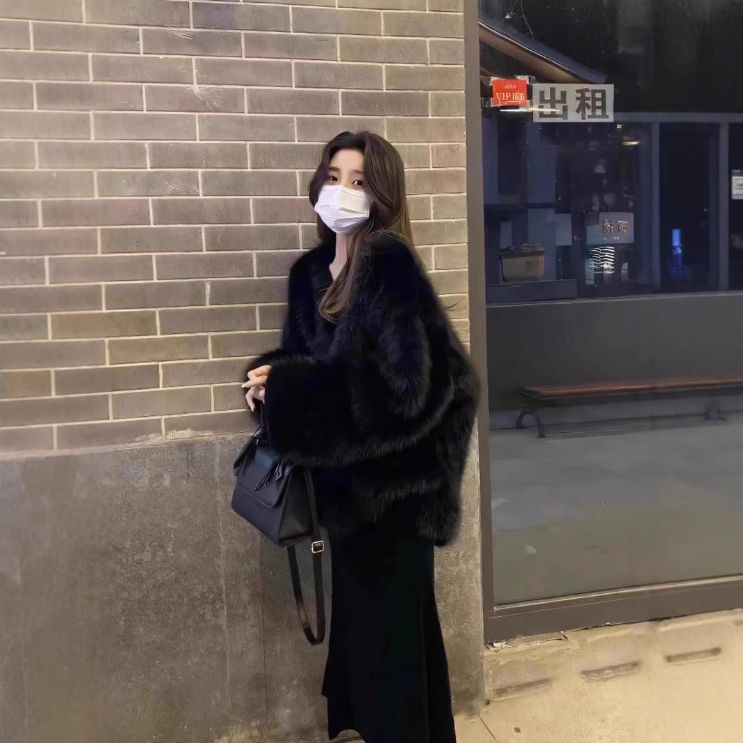 Black Faux Fox Fur Plush Green Fur Coat