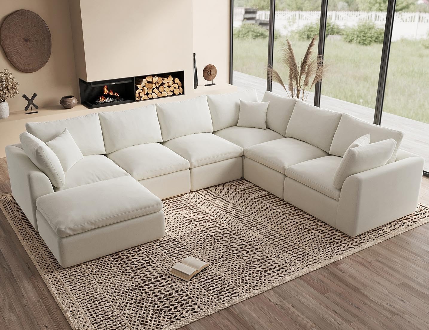 110" Cloud Sectional Couches for Living Room, Convertible L-Shape Couch with Ottoman, 3 Seater Modular Sectional Sofa, Warm White - Grand Goldman