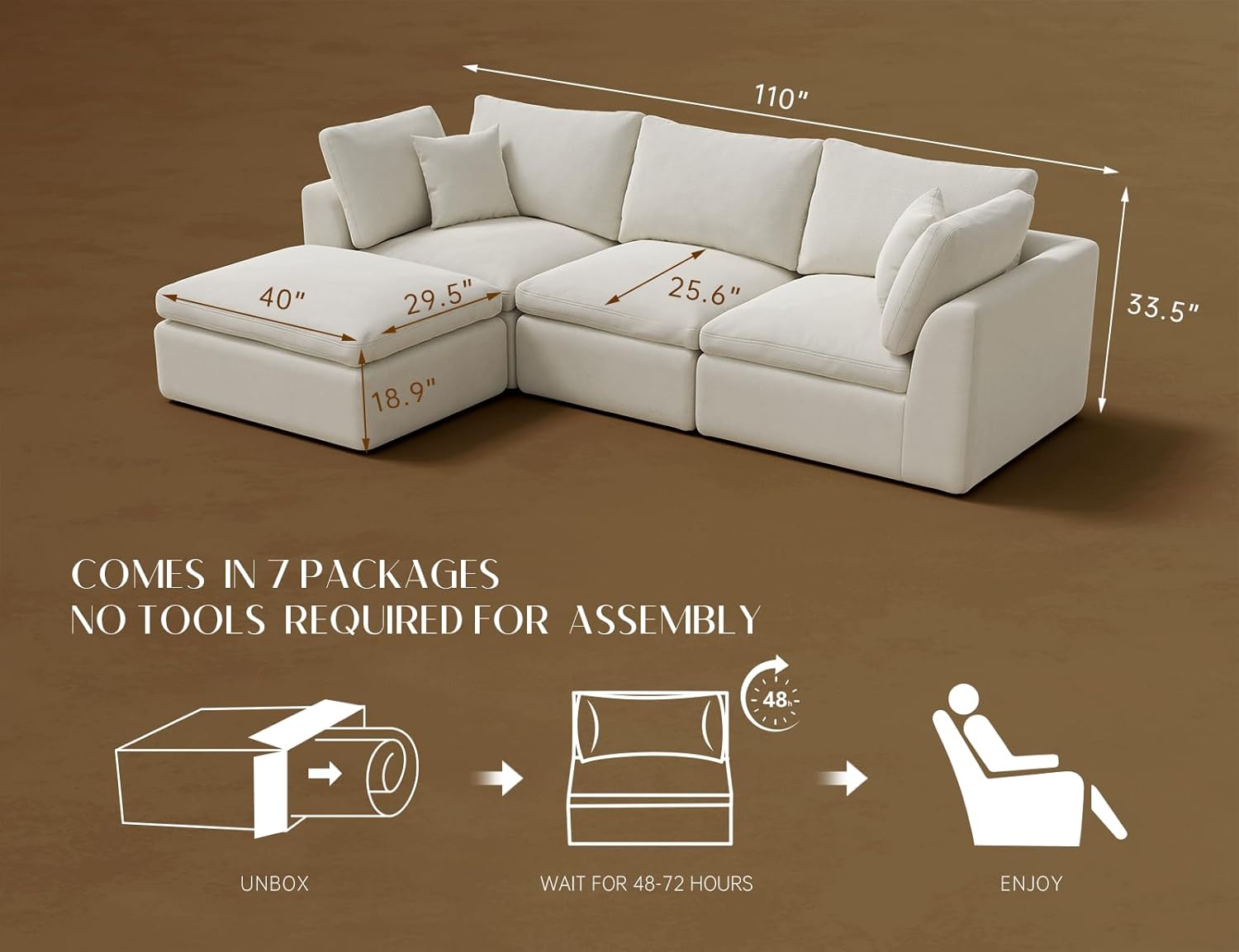 110" Cloud Sectional Couches for Living Room, Convertible L-Shape Couch with Ottoman, 3 Seater Modular Sectional Sofa, Warm White - Grand Goldman