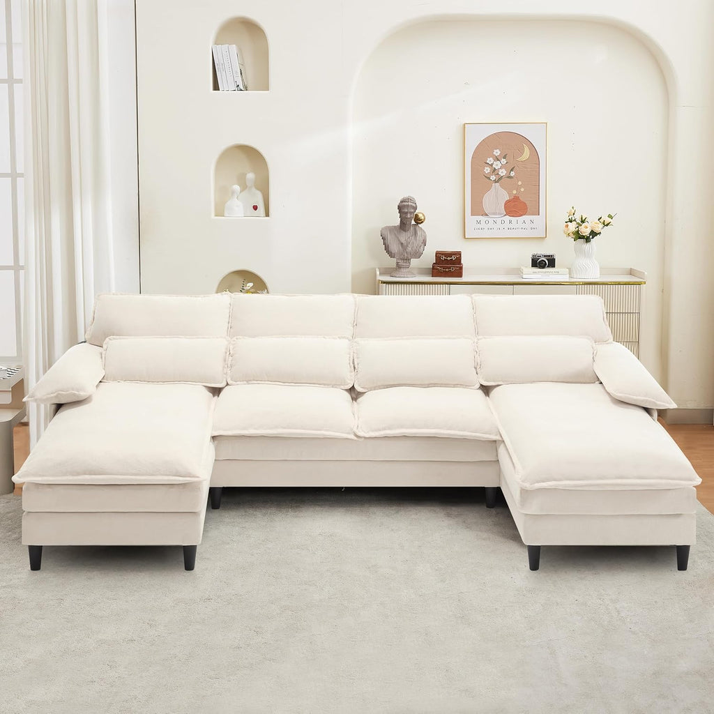 110" U Shape Cloud Couch, Comfy Upholstered Sectional Couches for Living Room, Oversized Deep Seat Modular Sleeper Sectional Sofa with Double Cushions & 4 Lumbar Pillows, Removable Armrest, Grey - Grand Goldman