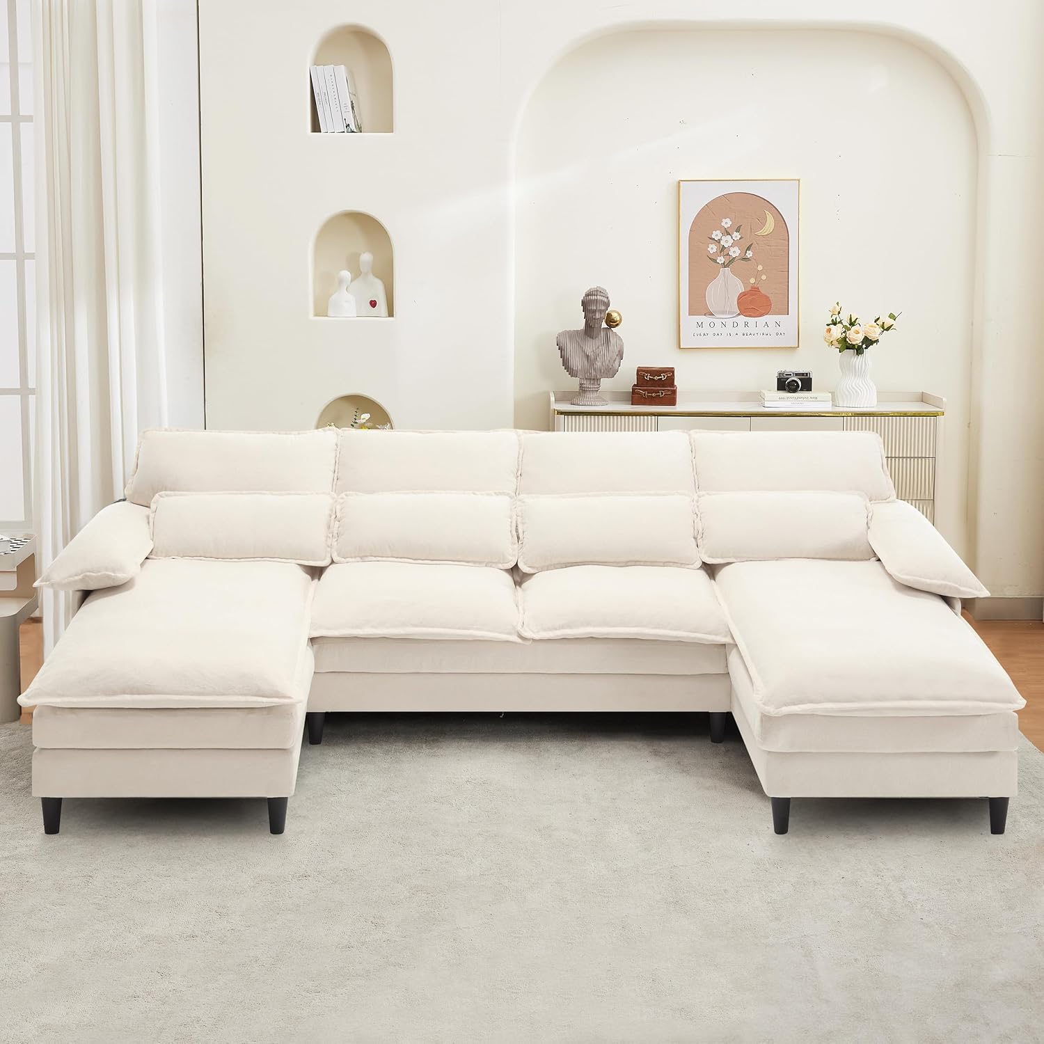 110" U Shape Cloud Couch, Comfy Upholstered Sectional Couches for Living Room, Oversized Deep Seat Modular Sleeper Sectional Sofa with Double Cushions & 4 Lumbar Pillows, Removable Armrest, Grey - Grand Goldman