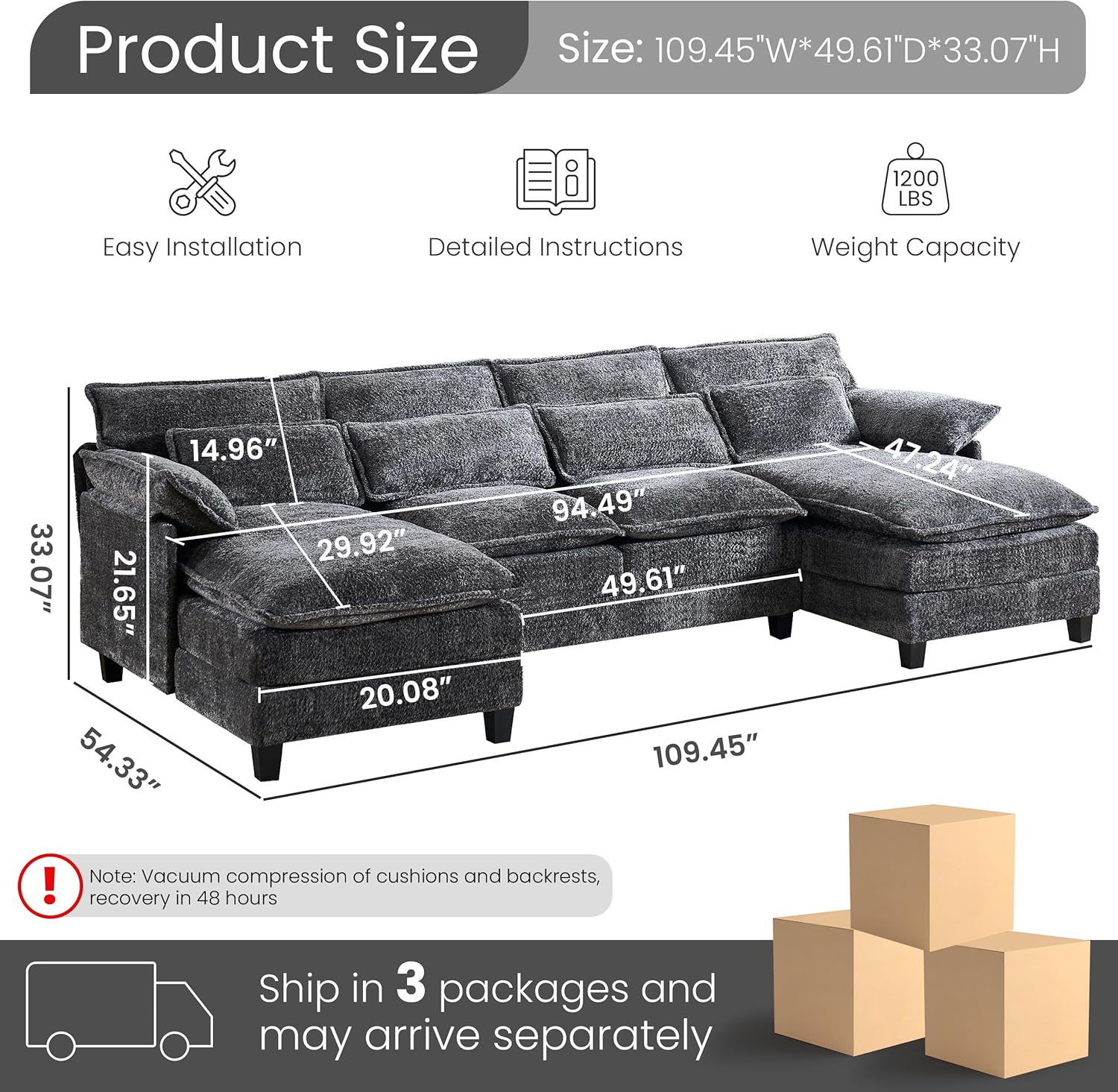 110" U Shape Cloud Couch, Comfy Upholstered Sectional Couches for Living Room, Oversized Deep Seat Modular Sleeper Sectional Sofa with Double Cushions & 4 Lumbar Pillows, Removable Armrest, Grey - Grand Goldman