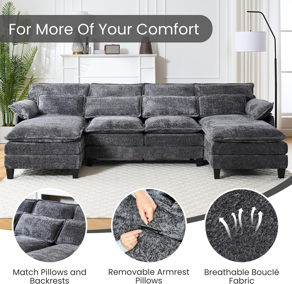 110" U Shape Cloud Couch, Comfy Upholstered Sectional Couches for Living Room, Oversized Deep Seat Modular Sleeper Sectional Sofa with Double Cushions & 4 Lumbar Pillows, Removable Armrest, Grey - Grand Goldman
