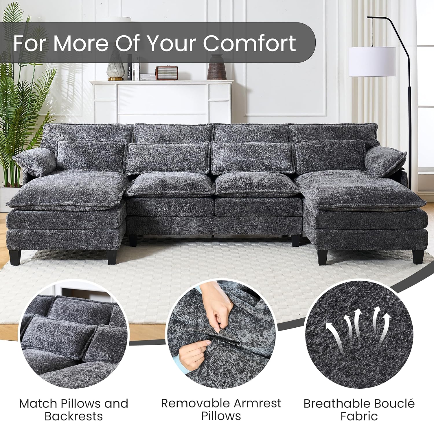 110" U Shape Cloud Couch, Comfy Upholstered Sectional Couches for Living Room, Oversized Deep Seat Modular Sleeper Sectional Sofa with Double Cushions & 4 Lumbar Pillows, Removable Armrest, Grey - Grand Goldman