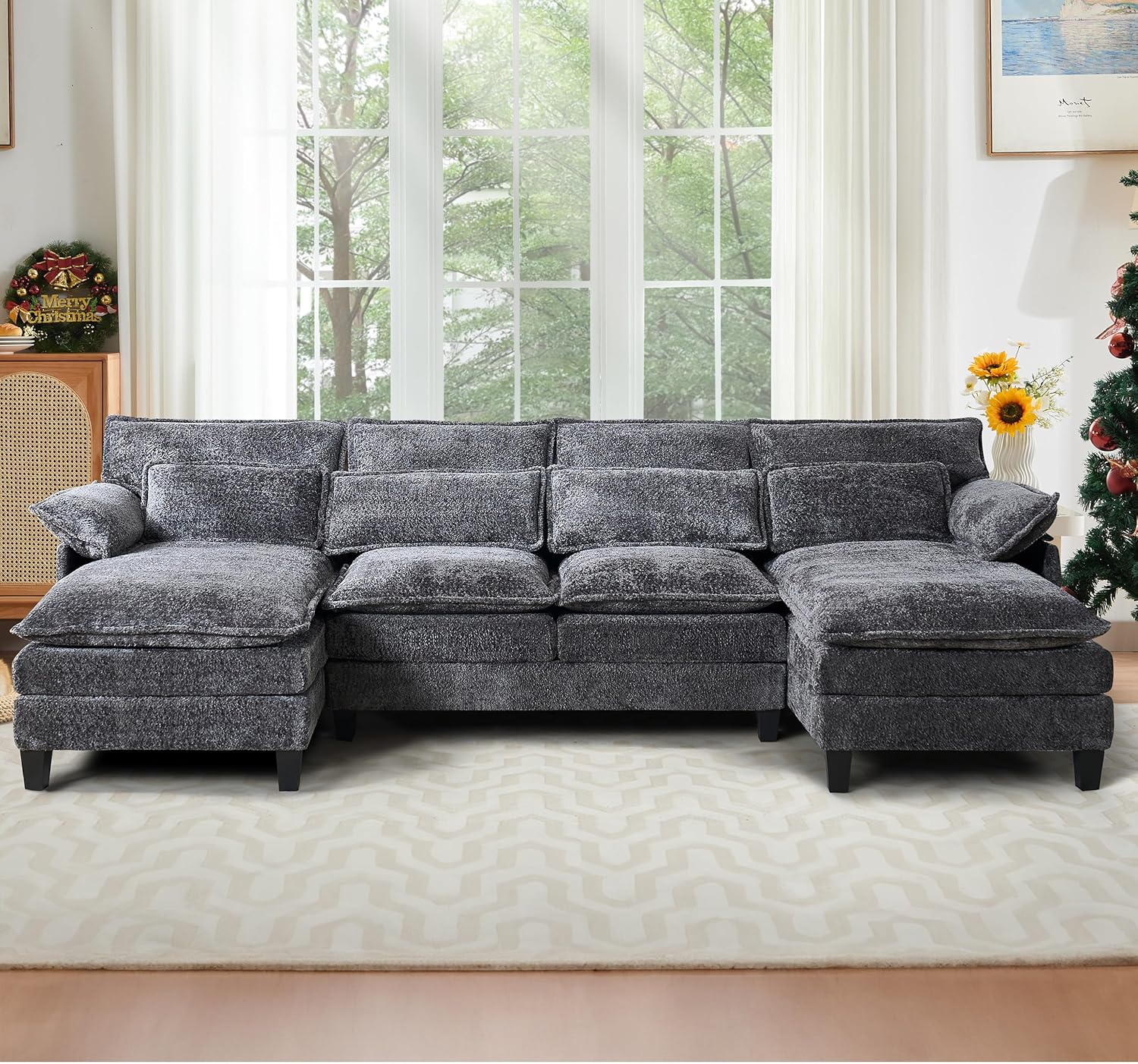 110" U Shape Cloud Couch, Comfy Upholstered Sectional Couches for Living Room, Oversized Deep Seat Modular Sleeper Sectional Sofa with Double Cushions & 4 Lumbar Pillows, Removable Armrest, Grey - Grand Goldman