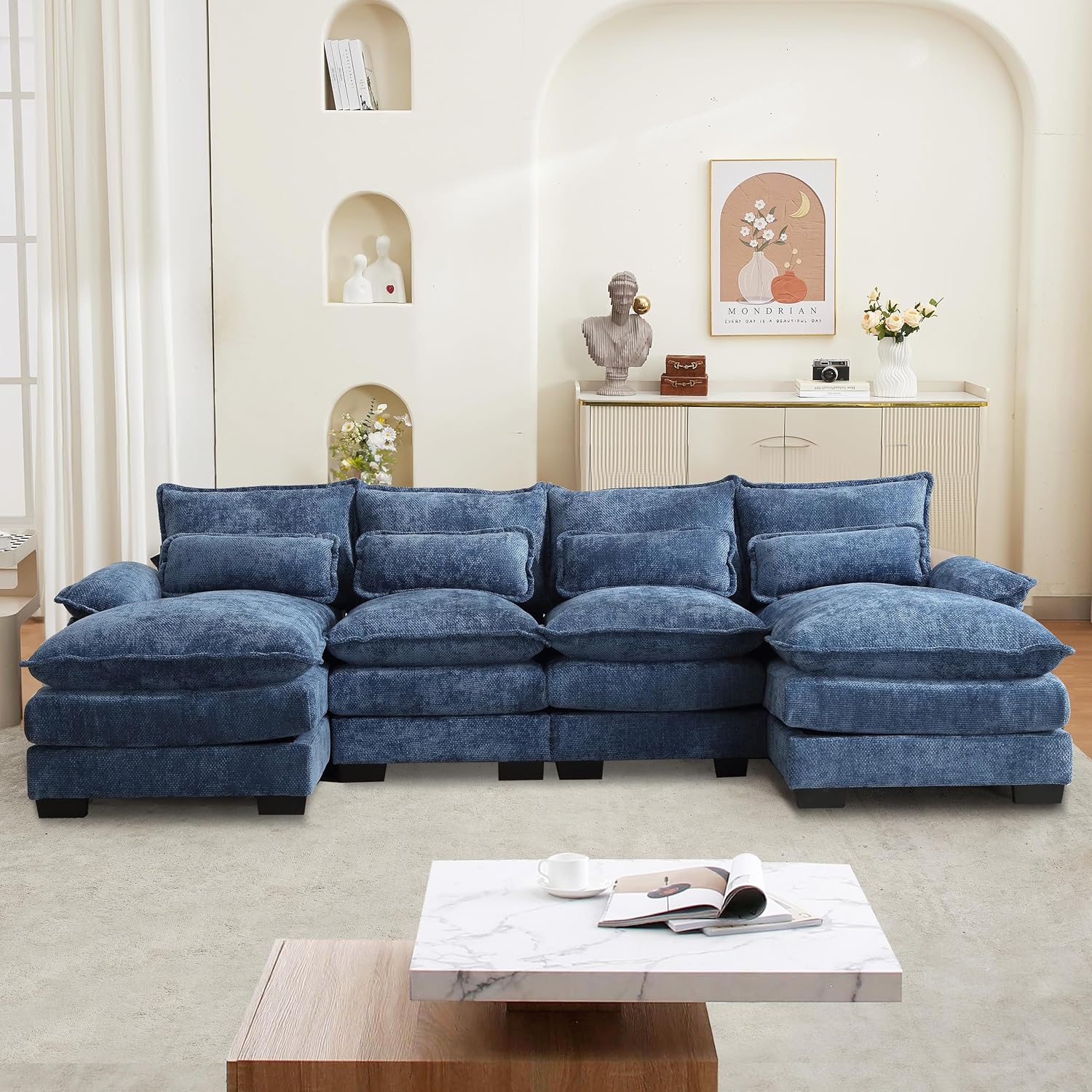 110" U Shape Cloud Couch, Comfy Upholstered Sectional Couches for Living Room, Oversized Deep Seat Modular Sleeper Sectional Sofa with Double Cushions & 4 Lumbar Pillows, Removable Armrest, Grey - Grand Goldman