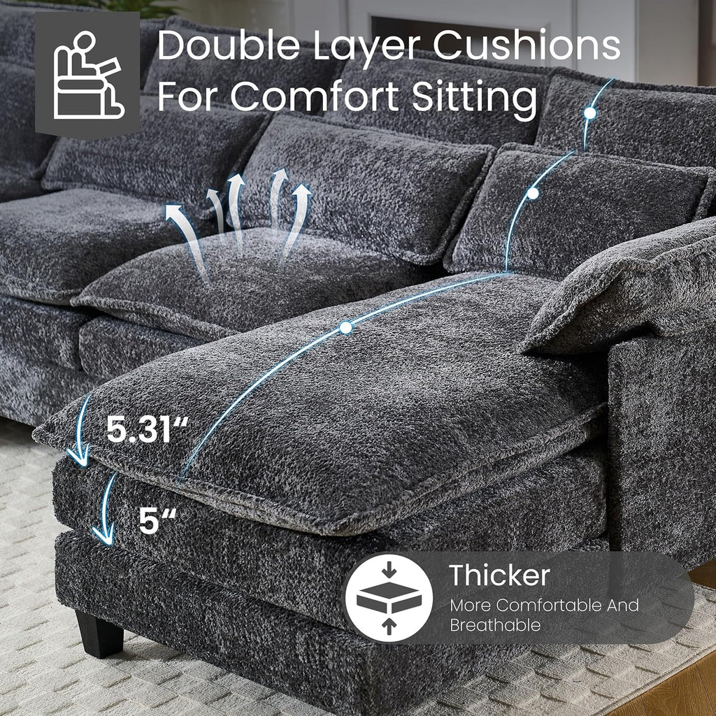 110" U Shape Cloud Couch, Comfy Upholstered Sectional Couches for Living Room, Oversized Deep Seat Modular Sleeper Sectional Sofa with Double Cushions & 4 Lumbar Pillows, Removable Armrest, Grey - Grand Goldman