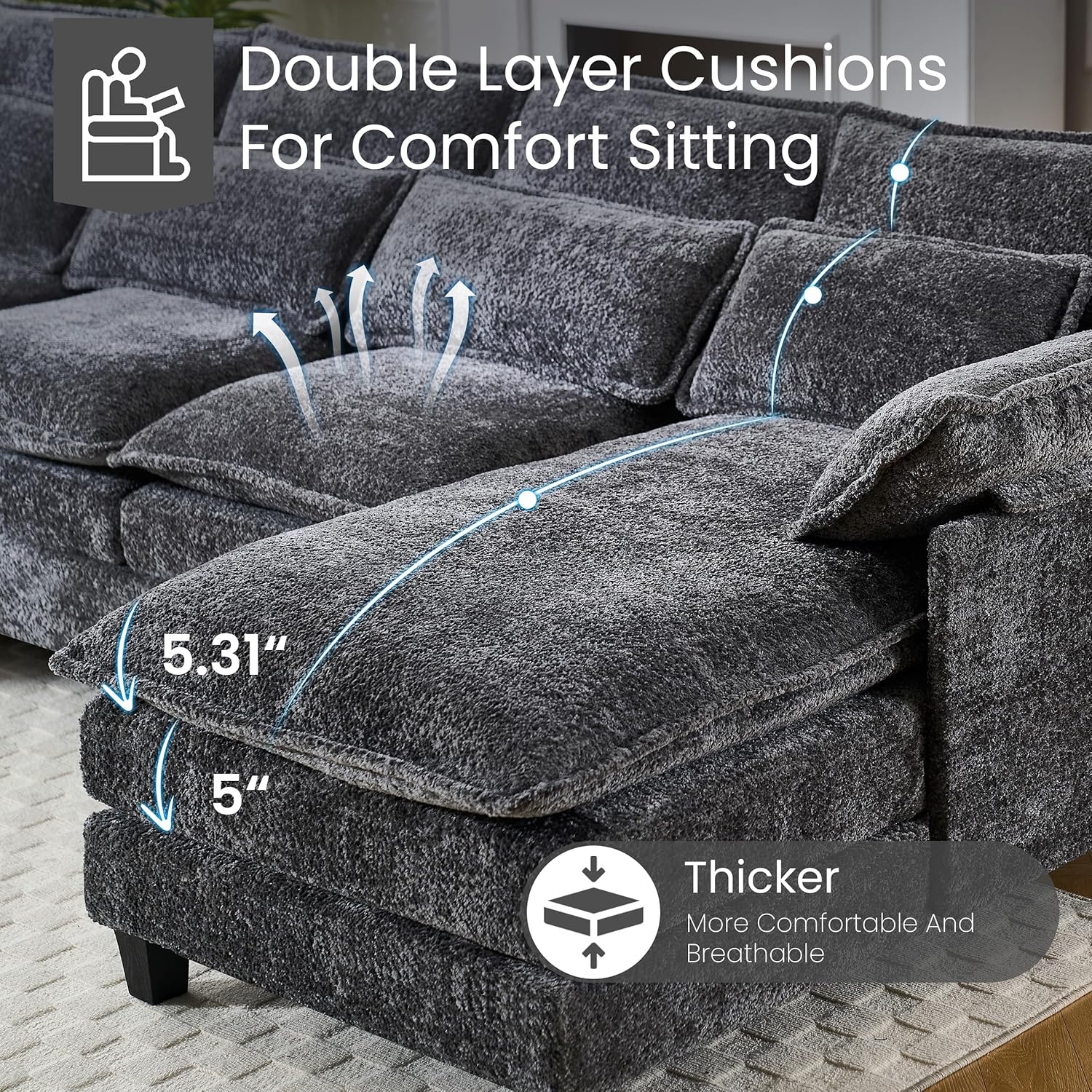 110" U Shape Cloud Couch, Comfy Upholstered Sectional Couches for Living Room, Oversized Deep Seat Modular Sleeper Sectional Sofa with Double Cushions & 4 Lumbar Pillows, Removable Armrest, Grey - Grand Goldman