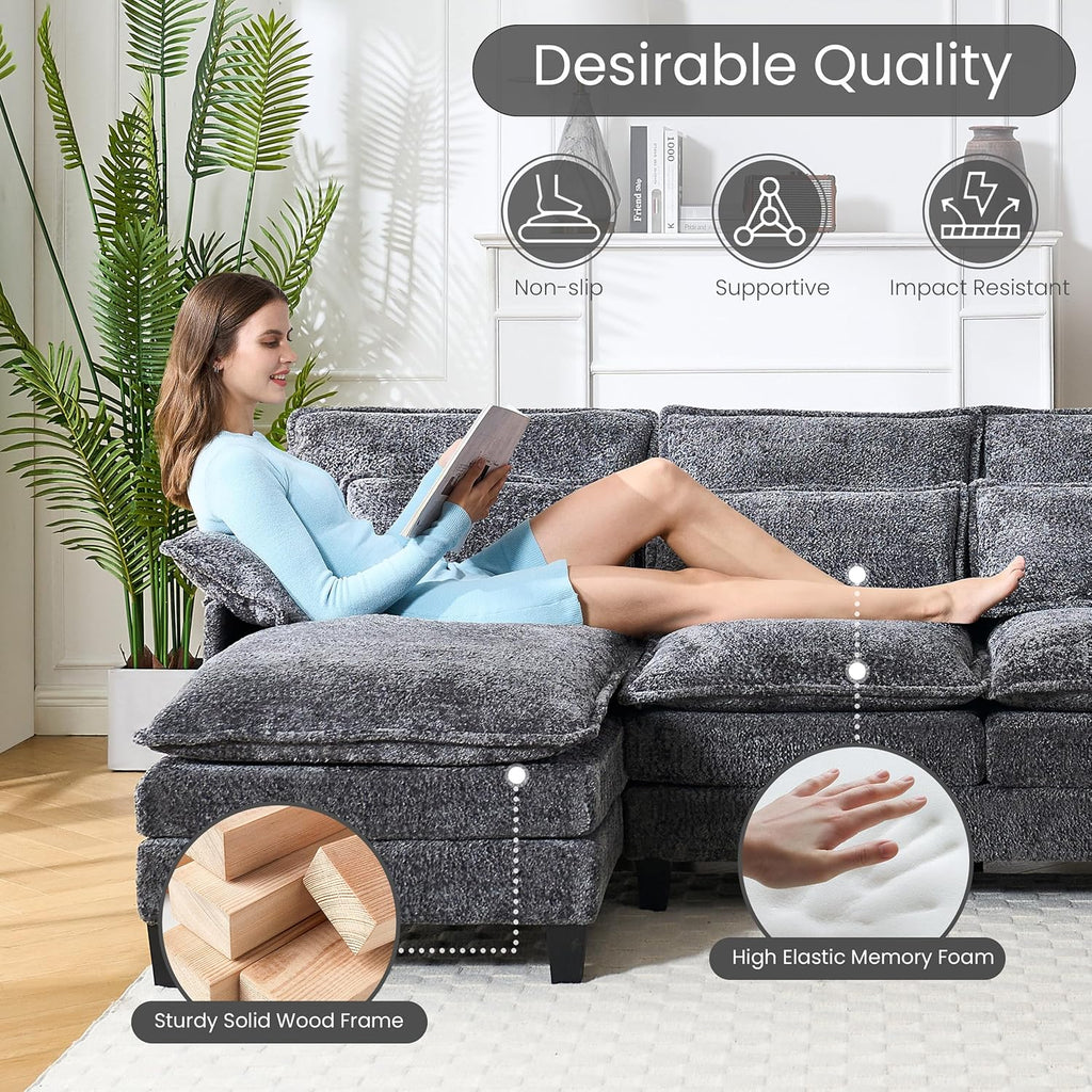 110" U Shape Cloud Couch, Comfy Upholstered Sectional Couches for Living Room, Oversized Deep Seat Modular Sleeper Sectional Sofa with Double Cushions & 4 Lumbar Pillows, Removable Armrest, Grey - Grand Goldman