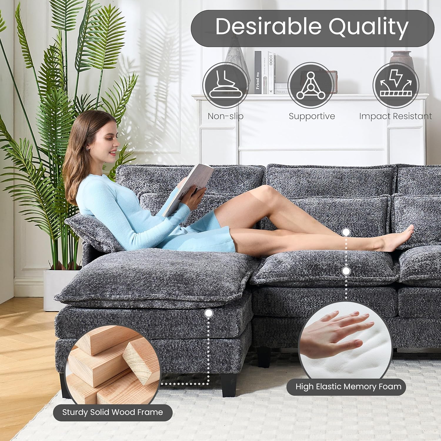 110" U Shape Cloud Couch, Comfy Upholstered Sectional Couches for Living Room, Oversized Deep Seat Modular Sleeper Sectional Sofa with Double Cushions & 4 Lumbar Pillows, Removable Armrest, Grey - Grand Goldman