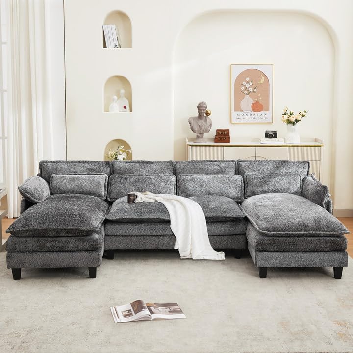 110" U Shape Cloud Couch, Comfy Upholstered Sectional Couches for Living Room, Oversized Deep Seat Modular Sleeper Sectional Sofa with Double Cushions & 4 Lumbar Pillows, Removable Armrest, Grey - Grand Goldman