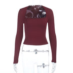 Square Collar Top Slim Fit Slimming Long Sleeves Commuter T-shirt