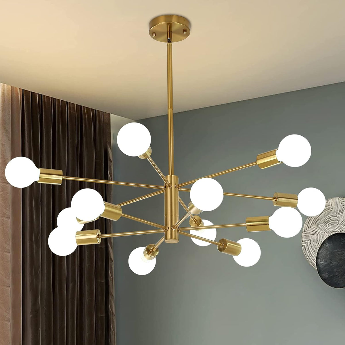 12-Light Modern Sputnik Chandelier, Mid Century Black Gold Ceiling Chandeliers,E26 Base,Branch Height Adjustable Pendant Lighting Fixture for Kitchen Island Dining Room Living Room Bedroom - Grand Goldman