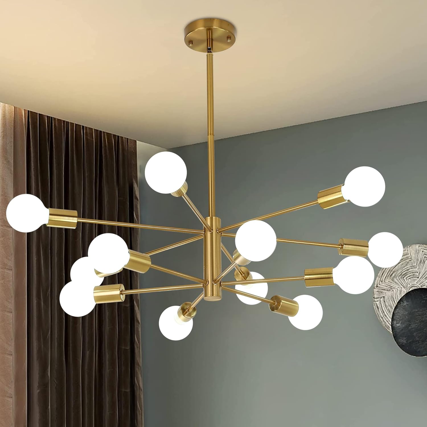 12-Light Modern Sputnik Chandelier, Mid Century Black Gold Ceiling Chandeliers,E26 Base,Branch Height Adjustable Pendant Lighting Fixture for Kitchen Island Dining Room Living Room Bedroom - Grand Goldman
