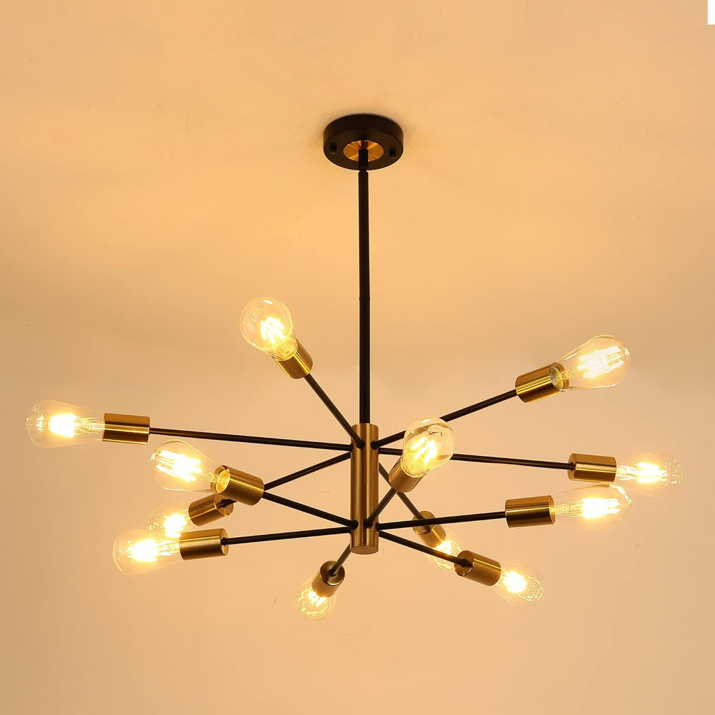 12-Light Modern Sputnik Chandelier, Mid Century Black Gold Ceiling Chandeliers,E26 Base,Branch Height Adjustable Pendant Lighting Fixture for Kitchen Island Dining Room Living Room Bedroom - Grand Goldman