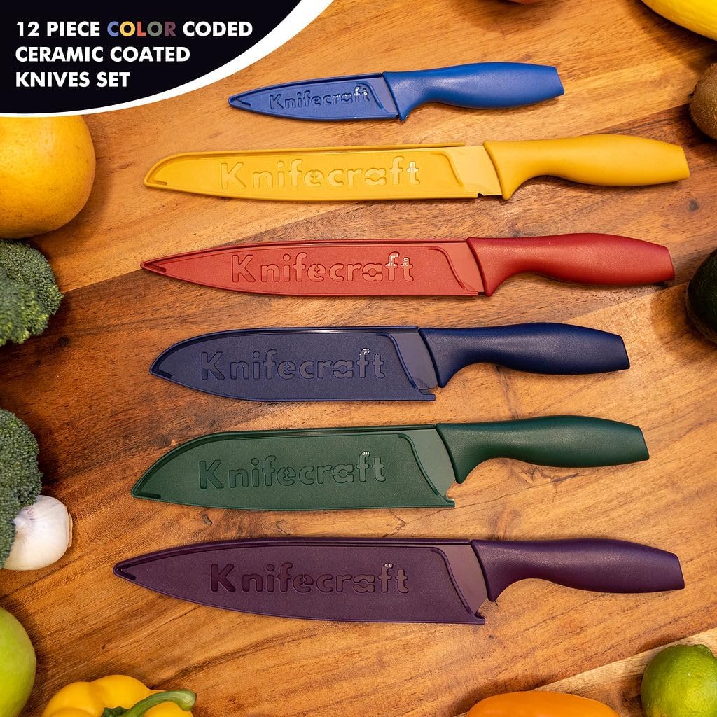 12-Piece Color Coded Kitchen Knife Set, Non-Stick Ceramic Coated Stainless Steel with 6 Blade Guards, Dishwasher Safe, Perfect for Gifting - Grand Goldman