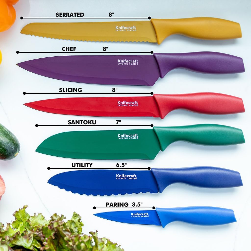 12-Piece Color Coded Kitchen Knife Set, Non-Stick Ceramic Coated Stainless Steel with 6 Blade Guards, Dishwasher Safe, Perfect for Gifting - Grand Goldman