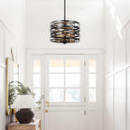 12.6'' Farmhouse Chandeliers for Dining Room, 3-Light Industrial Metal Hanging Light Fixture, Rustic Drum Pendant Light for Entryway Kitchen Foyer Bedroom, Black with Retro Wood Texture Interior - Grand Goldman
