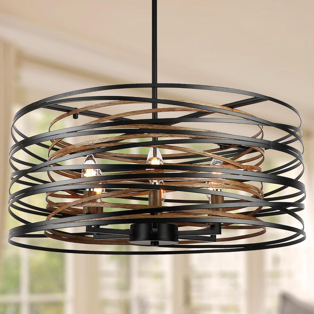 12.6'' Farmhouse Chandeliers for Dining Room, 3-Light Industrial Metal Hanging Light Fixture, Rustic Drum Pendant Light for Entryway Kitchen Foyer Bedroom, Black with Retro Wood Texture Interior - Grand Goldman
