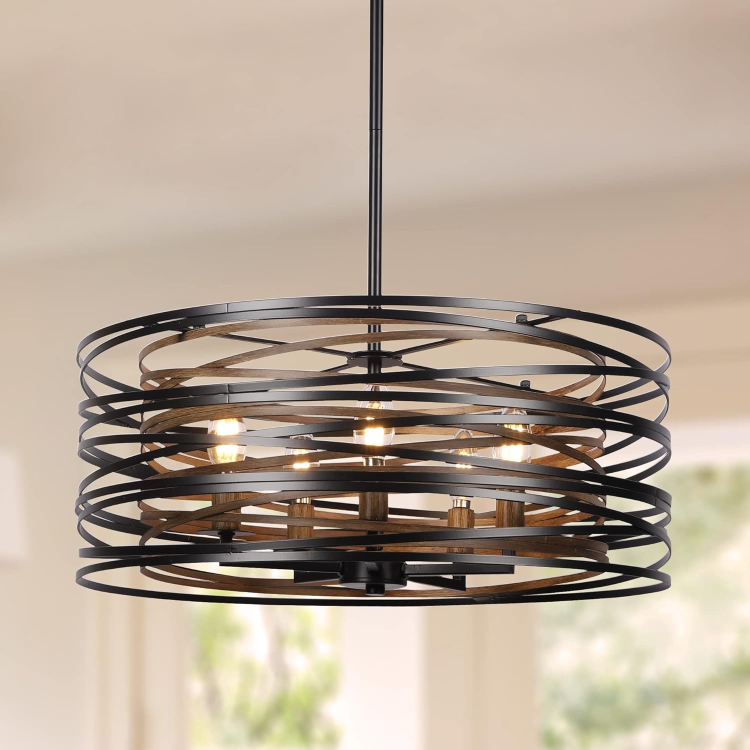 12.6'' Farmhouse Chandeliers for Dining Room, 3-Light Industrial Metal Hanging Light Fixture, Rustic Drum Pendant Light for Entryway Kitchen Foyer Bedroom, Black with Retro Wood Texture Interior - Grand Goldman