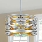 12.6'' Farmhouse Chandeliers for Dining Room, 3-Light Industrial Metal Hanging Light Fixture, Rustic Drum Pendant Light for Entryway Kitchen Foyer Bedroom, Black with Retro Wood Texture Interior - Grand Goldman