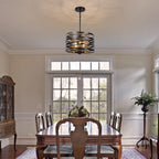 12.6'' Farmhouse Chandeliers for Dining Room, 3-Light Industrial Metal Hanging Light Fixture, Rustic Drum Pendant Light for Entryway Kitchen Foyer Bedroom, Black with Retro Wood Texture Interior - Grand Goldman