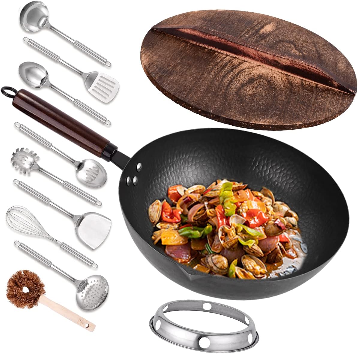 12.8" Carbon Steel Wok-11Pcs Woks & Stir Fry Pans Wok Pan with Lid, No Chemical Coated Chinese Wok with 10 Cookware Accessories, Flat Bottom Wok for Electric, Induction,Gas Stoves - Grand Goldman