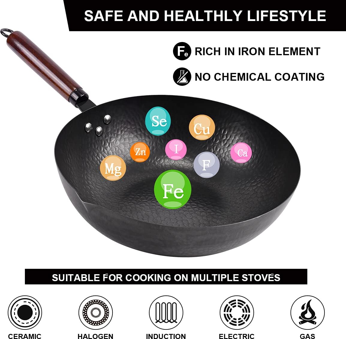12.8" Carbon Steel Wok-11Pcs Woks & Stir Fry Pans Wok Pan with Lid, No Chemical Coated Chinese Wok with 10 Cookware Accessories, Flat Bottom Wok for Electric, Induction,Gas Stoves - Grand Goldman