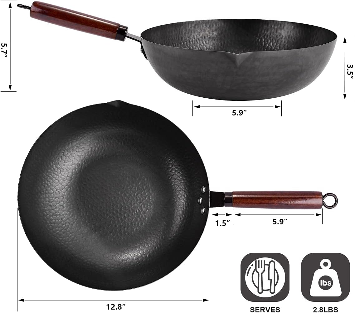 12.8" Carbon Steel Wok-11Pcs Woks & Stir Fry Pans Wok Pan with Lid, No Chemical Coated Chinese Wok with 10 Cookware Accessories, Flat Bottom Wok for Electric, Induction,Gas Stoves - Grand Goldman