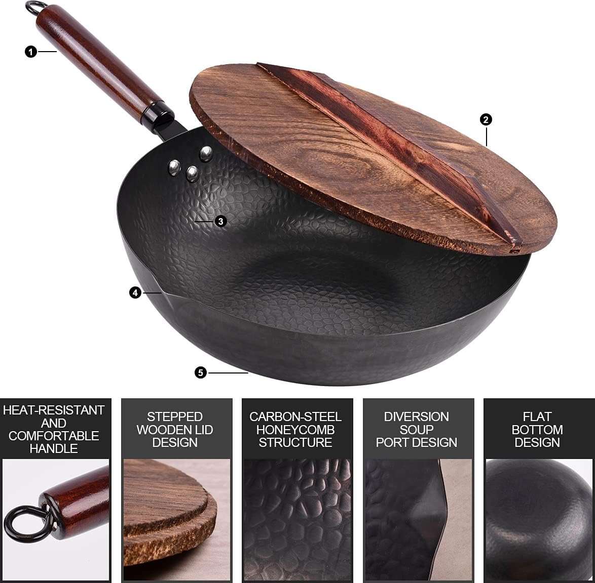 12.8" Carbon Steel Wok-11Pcs Woks & Stir Fry Pans Wok Pan with Lid, No Chemical Coated Chinese Wok with 10 Cookware Accessories, Flat Bottom Wok for Electric, Induction,Gas Stoves - Grand Goldman