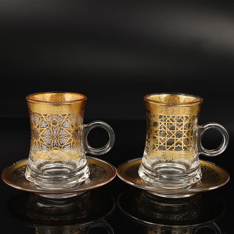 12 Pcs Elegant Reusable Arabic Coffee Cup Glass Teacup Sets - 6 Cups 6 Saucers - Perfect for Business Gifts, Holidays, Restaurants, Sustainable Handmade Design for Dining Room, Patio, Office, and Living Room - Grand Goldman