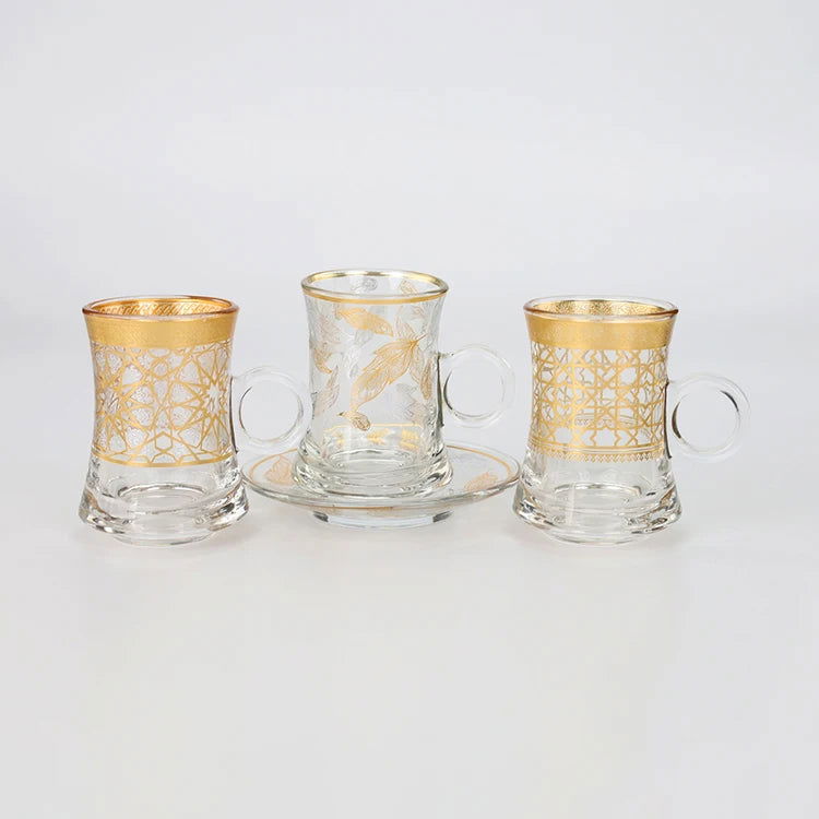 12 Pcs Elegant Reusable Arabic Coffee Cup Glass Teacup Sets - 6 Cups 6 Saucers - Perfect for Business Gifts, Holidays, Restaurants, Sustainable Handmade Design for Dining Room, Patio, Office, and Living Room - Grand Goldman